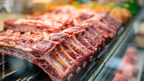 Slabs of raw pork ribs arranged in refrigerated butchery shop display case, Fresh meat products