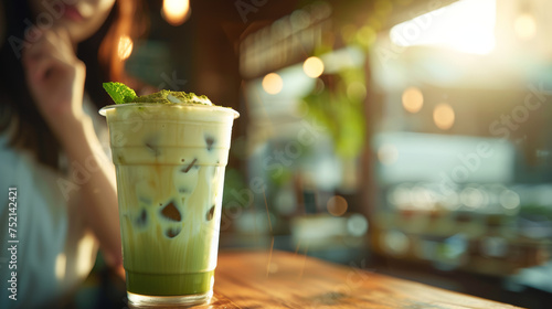 A close-up of a glass of iced matcha latte with frothy milk