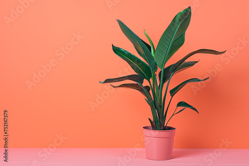A potted plant sits in a white ceramic pot. The plant is green and he is a palm tree. Banner in a pink orange background
