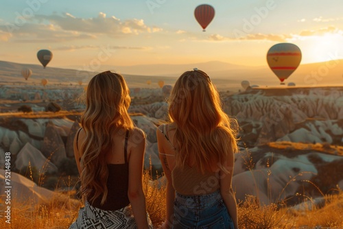 two women looking at hot air balloons