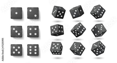 Black gambling dices realistic vector illustration set. Cubes with dot numbers on sides 3d elements on white background. Casino game
