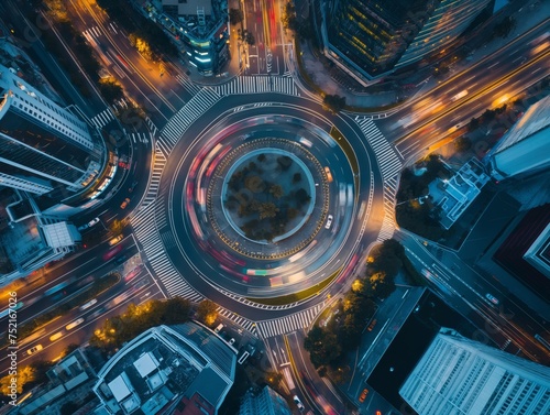 An aerial view captures the mesmerizing swirl of car lights, creating a dynamic urban vortex on the city's roads at twilight.