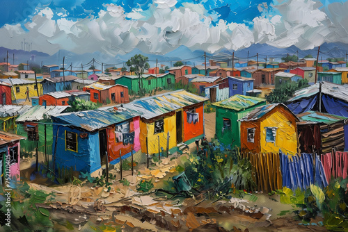 Colourful South African art with township village culture depicting informal slum housing settlement. Underprivileged Southern Africa squatter camp dwelling scene.