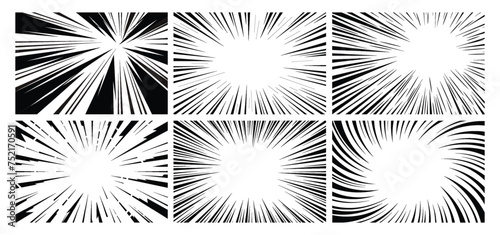 Set of manga or anime speed lines, zoom and motion effects. Comics radial light flash and fast movement vector set