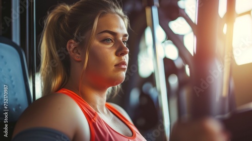 An overweight woman in the gym preparing to play sports, the concept of an active life in any age, taking care of the body and building a relationship with weight