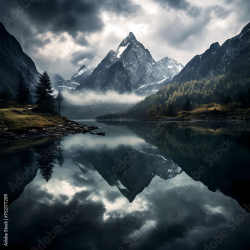 Reflections in a calm lake with a mountain backdrop