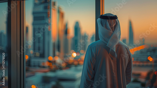 bahraini man in nationalist attire looking out of a window,