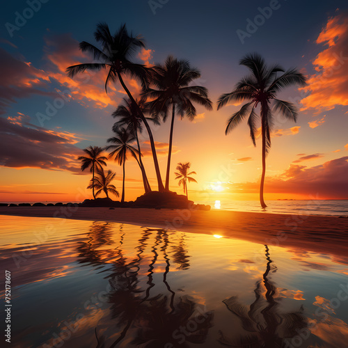 Serene beach sunset with palm trees. 