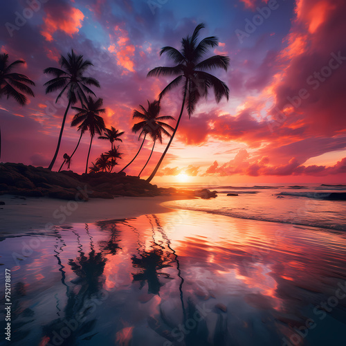 Serene beach sunset with palm trees. 