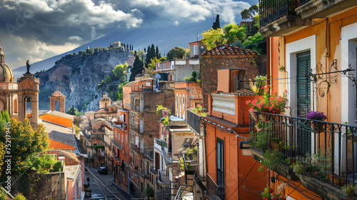 Traditional Sicilian village Taormina with view 