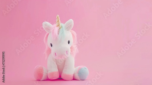 Adorable pink plush unicorn toy with a fluffy mane sitting against a soft pink background.