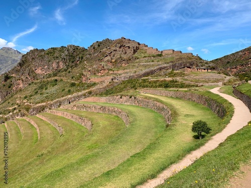 Peru Sacred valley Incas Urubamba terraced fields near Pisac fortress old ruins.