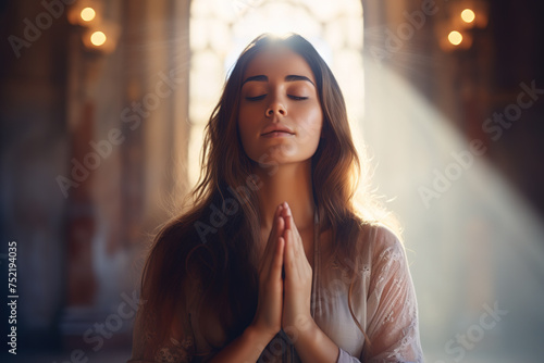 Young Christian woman praying in church.
