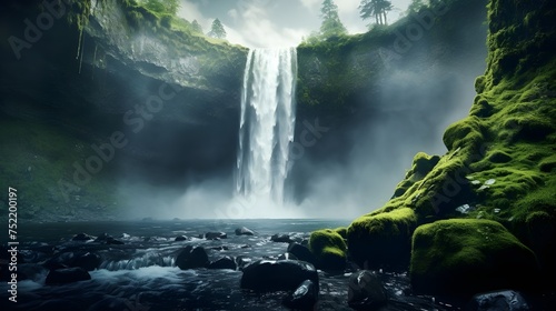 A waterfall cascades into a pool of water, framed by mossy cliffs and a lush forest.
