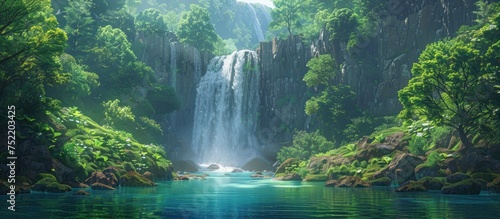 A waterfall gracefully cascades in the midst of a dense forest, surrounded by lush greenery and tall trees under a clear sky.