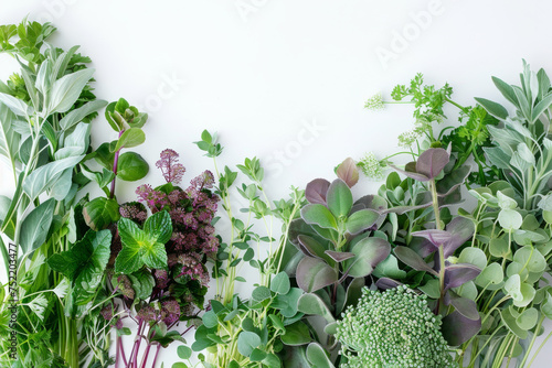 Fresh Herbal Leaves and Green Plants on White Background for Healthy Lifestyle