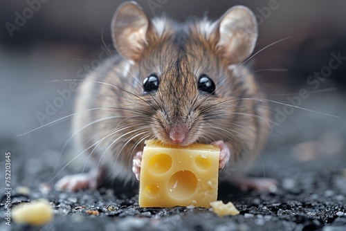 This detailed image showcases a mouse as it enjoys cheese, set against a contrasting rocky background