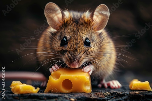 A cute brown mouse enjoys a tasty treat as it nibbles on a chunk of Swiss cheese, showcased in a close-up shot