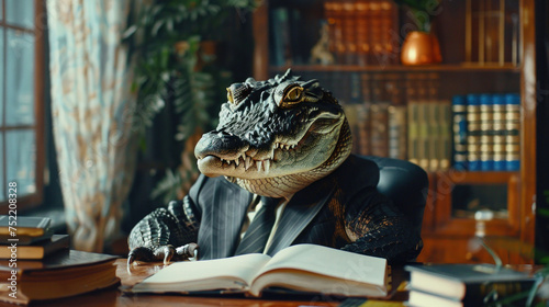 Scary, cold-blooded, dangerous corporate boss depicted as crocodile or alligator in his office