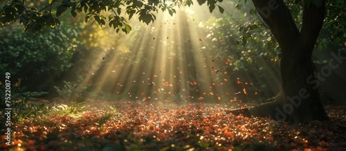A dense forest with a multitude of trees and leaves, illuminated by the sun shining through the foliage.