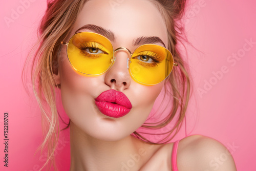 Portrait of beautiful young woman sending kiss on pink background.