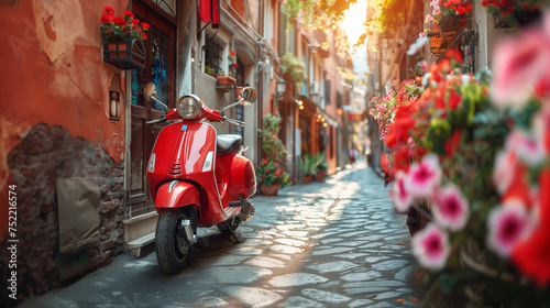 Retro-style Italian legendary scooter in bloody red colors rests on pavement in old town center, awaiting its owner. An immortal classic, image embodies fashion, travel, and transport concepts.