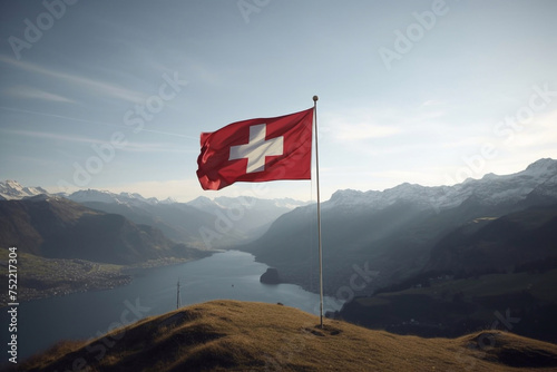 The flag of Switzerland on the background of a mountain landscape. A trip to Switzerland.