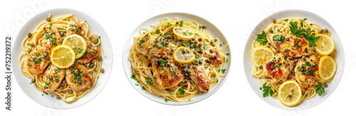 Chicken piccata with lemon caper sauce over spaghetti pasta Isolated cutout on transparent background.