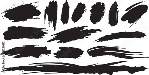 "Variegated Grunge Brush Strokes Collection on White Background. An assorted assortment of black grunge brush strokes perfect for textured designs and artistic graphics, isolated on white. Vector brus