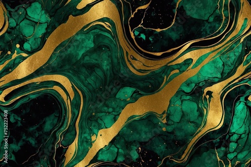 rich green acrylic paint swirls background with golden veins