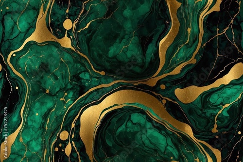 abstract acrylic green paint background with drops of gold