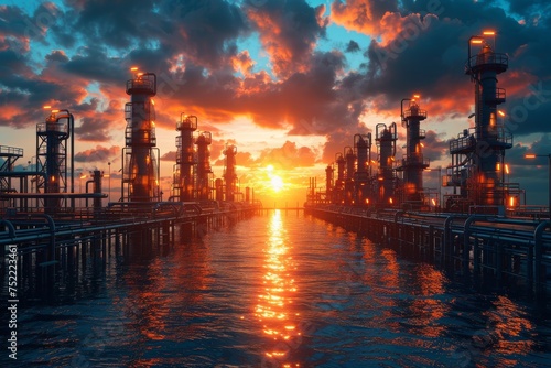 Beautiful landscape of a refinery with pipelines and towers silhouetted against a stunning sunset sky