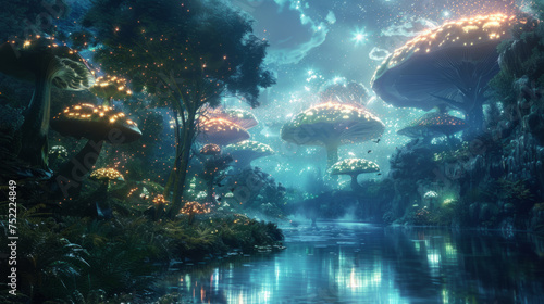 A mystical forest scene at night with oversized, glowing mushrooms along a serene river under a starry sky.