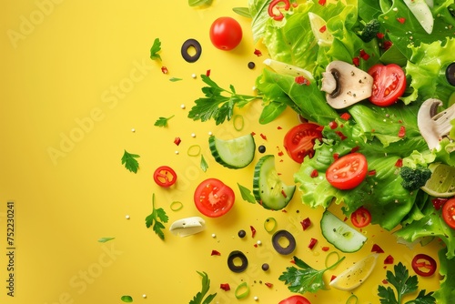 Ingredientes frescos y saludables ensalada verde en fondo amarillo, lechuga aislada con tomates pepino y rúcula, ensalada griega, dieta mediterránea, ensalada espacio para texto 