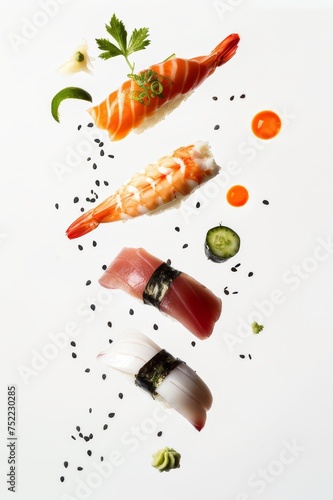 Close-up cenital presentación moderna de sushi, nigiris de langostino gamba atún salmón y butterfish