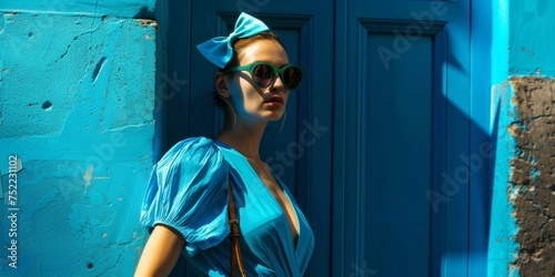 Mujer con vestido y lazo azul estilo coquette, posando en las calles de Mykonos, casa azul y chica con ropa azul 