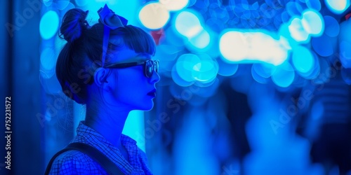Mujer estilo coquette con luces azules, mujer joven frente a un escaparate con gafas de sol, fotografía callejera chica con lazo