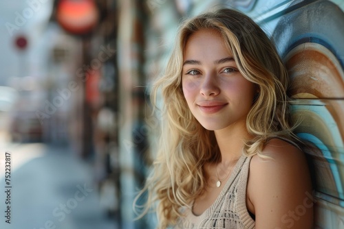 Casual but stunning young woman leaning against an artistic mural