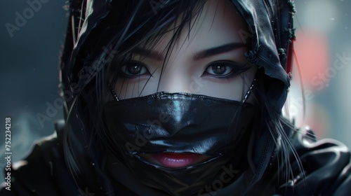 futuristic mysterious black hood female ninja. AI generated