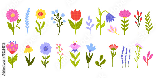Set of abstract childish drawing colorful flower. Hand Drawn textures nature elements vector collection