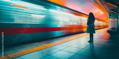 retrato panorámico minimalista de una mujer mientras pasa a toda velocidad el tren, esperando en el subway 