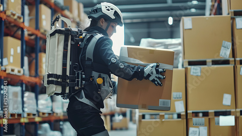 Worker with robotic exoskeleton lifting boxes in warehouse