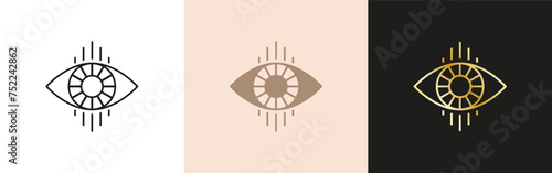 Evil eye icon set. Linear and gold mystic sight 