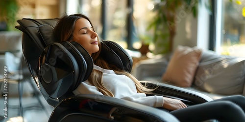 A woman enjoys a massage chair at home relaxing in comfort. Concept Massage chair benefits, home comfort, relaxation techniques