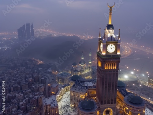 A picturesque night view of a vibrant city with an illuminated clock tower overlooking a bustling plaza.