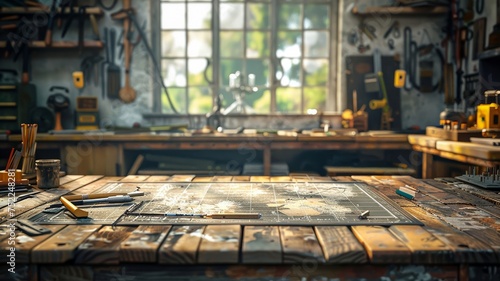Artisan's workspace with assorted design tools on a measured surface