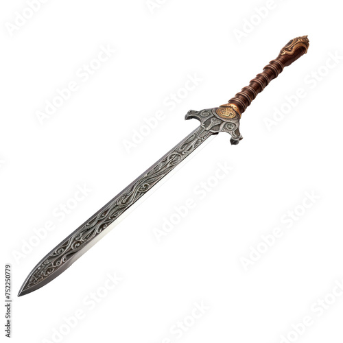 A long, silver sword with gold accents and a black handle Isolated on transparent background, PNG