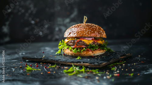 Close Up von einem köslichen Burger im Ambiente in 16:9