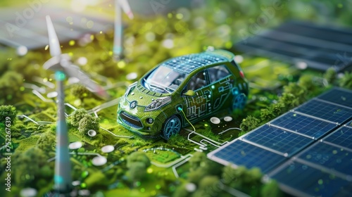 Electric car and renewable energy concept, sustainable technology integration amongst solar panels and wind turbines in a green environment.