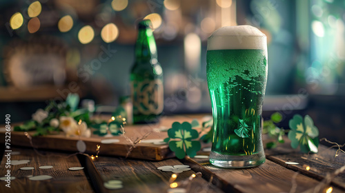 St Patrick's holiday party invitation, Irish St Patrick's day beer, ale glasses, snacks, appetizer, green burger and french fries generative ai
